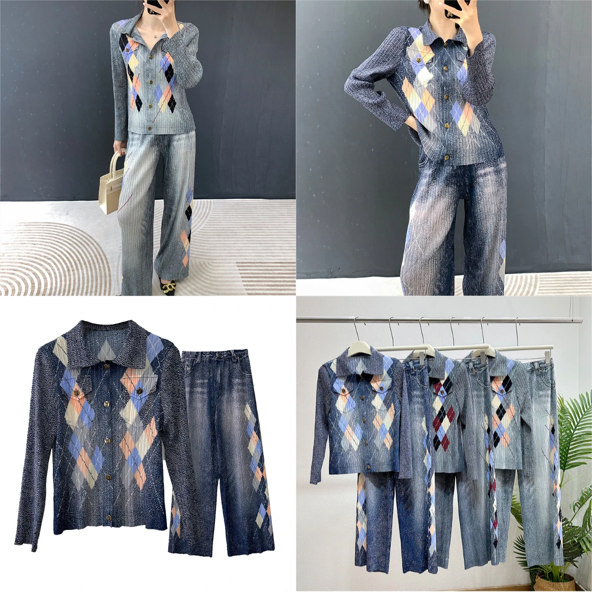 

Miyake плиссированный осенний новый джинсовый костюм 202, женская куртка с длинными рукавами и грудью, повседневные прямые брюки, плиссированный комплект из двух предметов