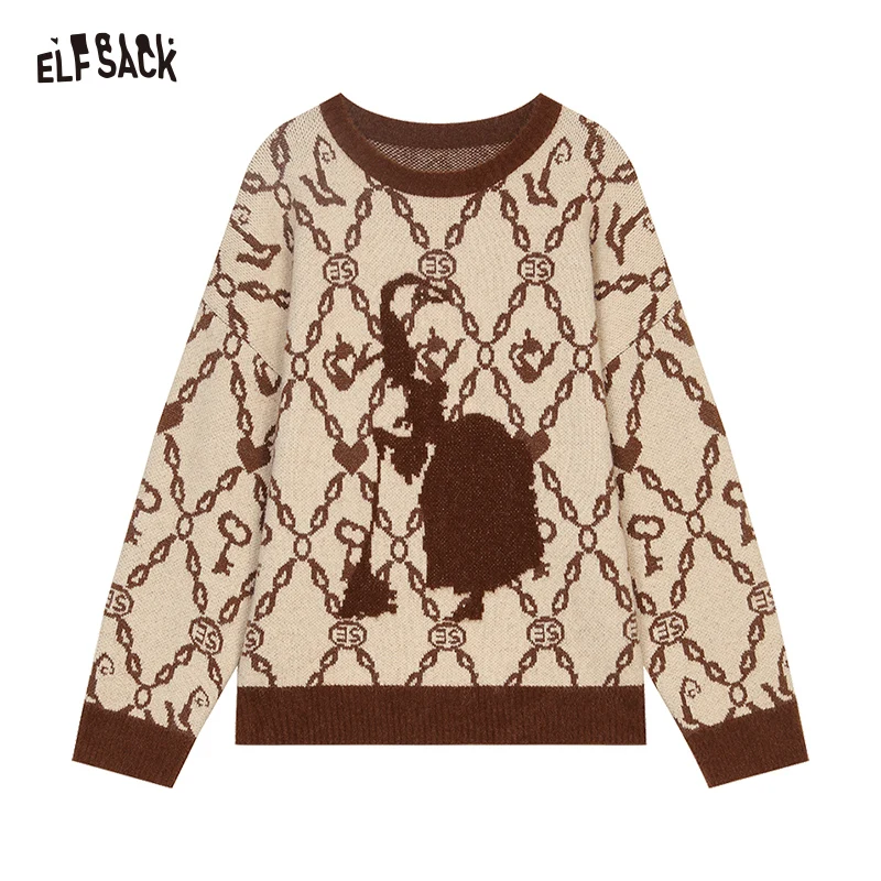 ELFSACK 2024 Winter New Arrivals Retro Preppy Style pullover sweater for women