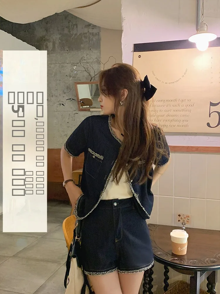 

Deep Blue Denim Set Women's Fashion Bubble Brand Short Sleeve round Neck Two-Piece Suit Chinese Production Summer Collection