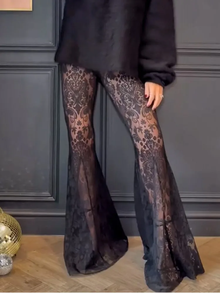 Sexy Black Lace Pants For Women Fashion High Waist Wide Leg Long Pants Female Elegant Streetwear Party Womens Clothing New 2025