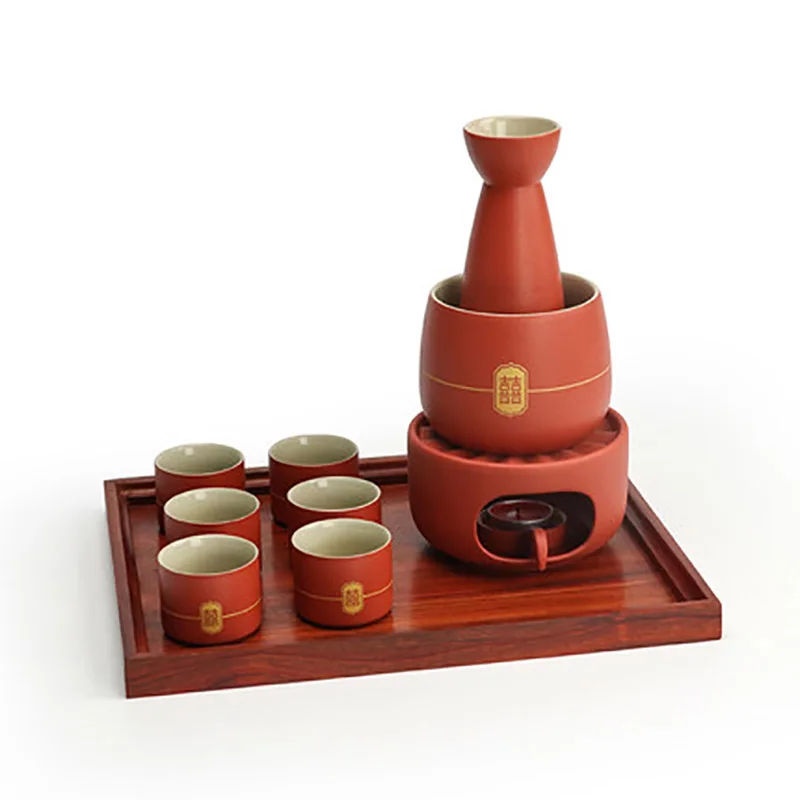 

Chinese Ceramic Wine Set for Wedding, Red Wine Pot, Cup and Wood Tray, New Year Gift, Porcelain Household Accessories