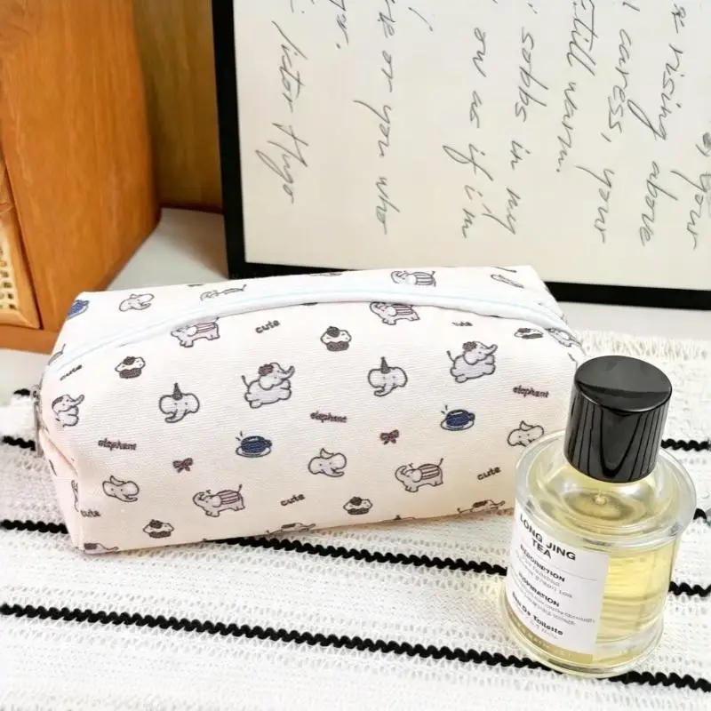 Cute Canvas Pencil Case Cartoon Elephant Print Smooth Zipper Big Storage For School Students