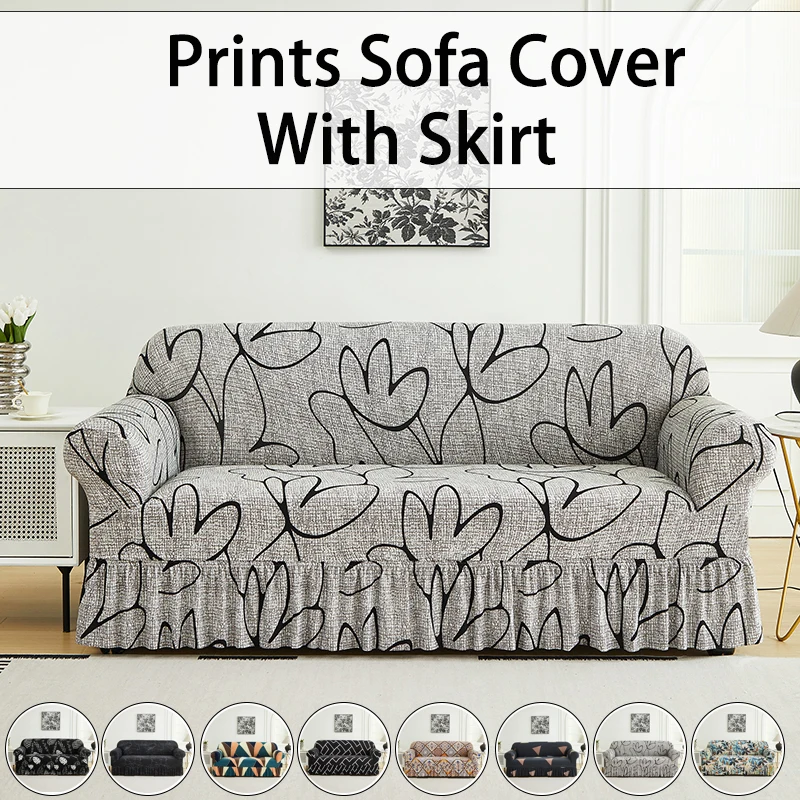 1 PC Prints Sofa Cover with Skirt Full Coverage Elastic Sofa Cover decorate the Sofa in the living room Multiple Color SofaCover