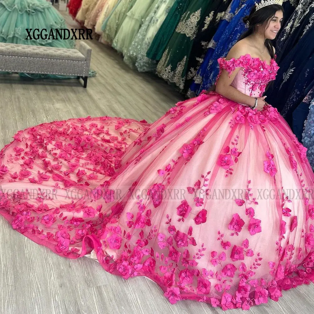 Vestidos De quinceañera rosas elegantes, Vestidos De 15 Años con cuentas, flores florales en 3D, hombros descubiertos, dulce 16, fiesta De cumpleaños Formal, 2024