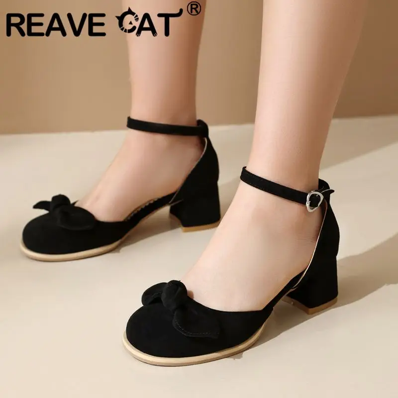 REAVE CAT Sweet Women Pumps 32 33 Flock Suede Round Toe Chunky Heel 5cm Buckle Strap Bowknot Big Size 44 45 Fashion Dating Shoes