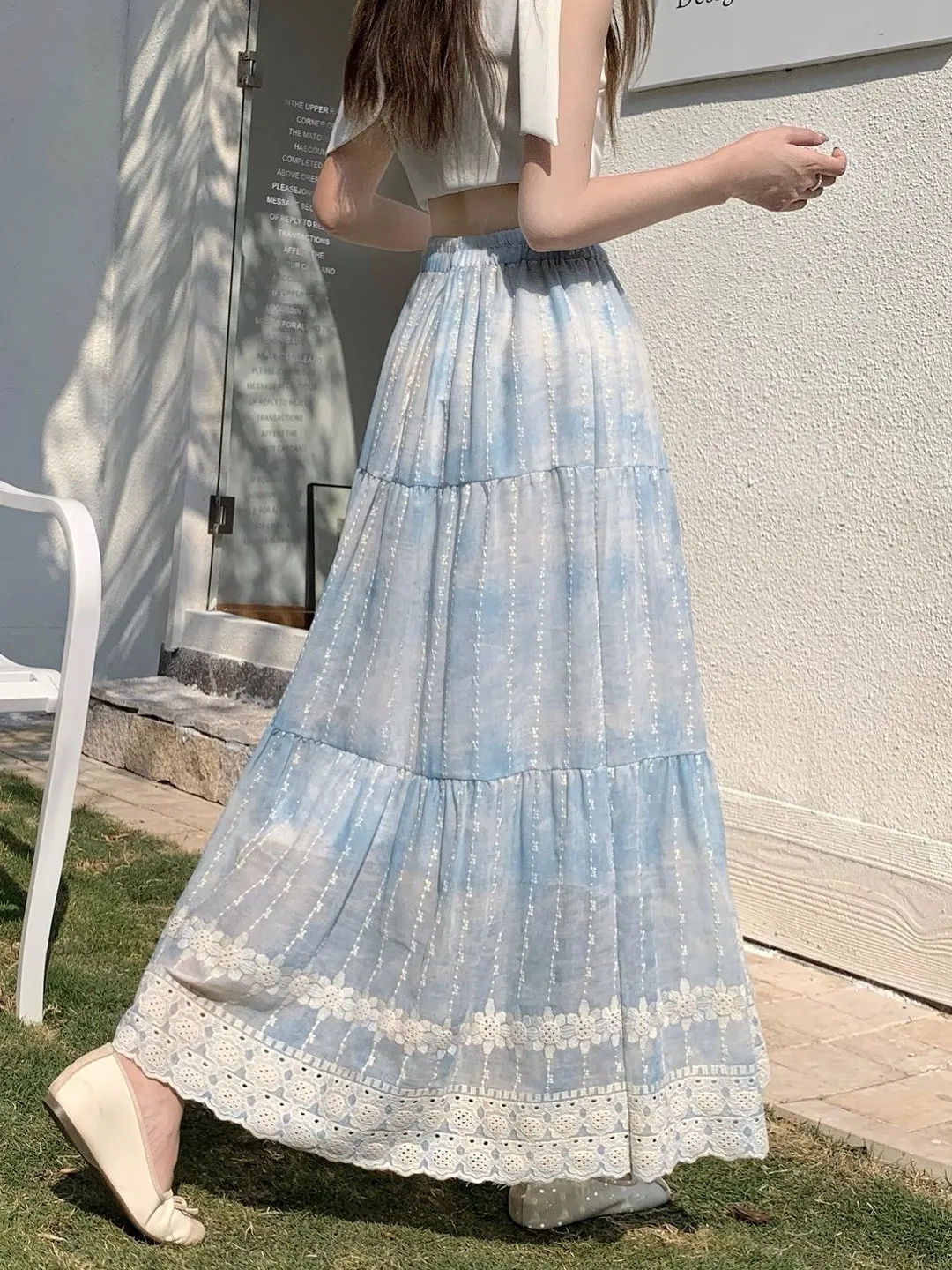 

Summer New Style Women's Lace Dyed Long Skirt Elastic Waist Slimming Hip Covering Full A-Line Umbrella Skirt Half-length Pleated