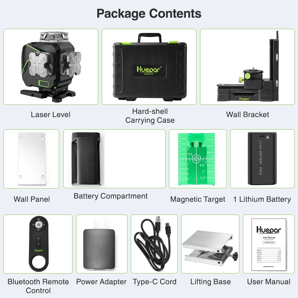 Huepar S04CG 16 lines 4D Cross Line Laser Level Bluetooth & Remote Control Functions Green Beam Lines With Hard Carry Case