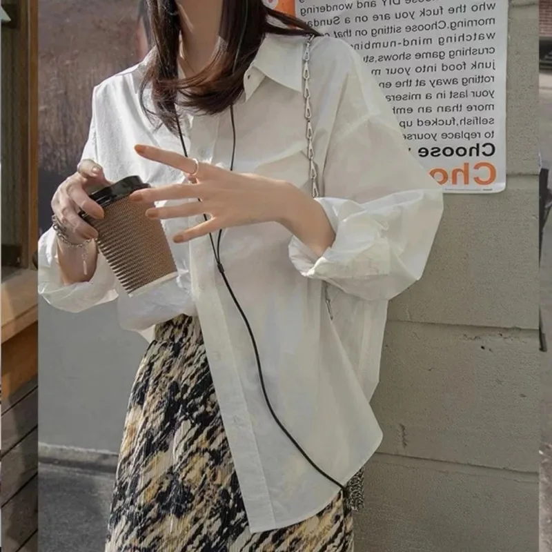 Korean Style Long-sleeved Shirt Ladies Spring New Lazy Retro Green Blouse Women\'s Clothes Tops Casual Female Solid Simple Shirt