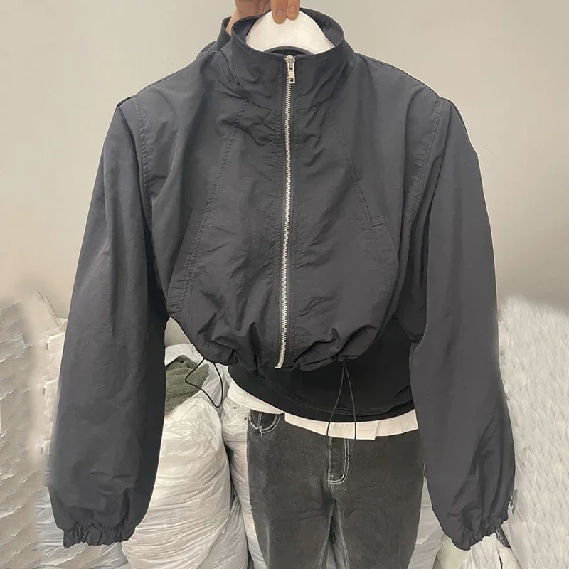 Y2K Autumn Crop Coats Women Fashion All Match Drawstring Short Track Jacket Korean Streetwear Loose Zipper Jogging Windbreaker