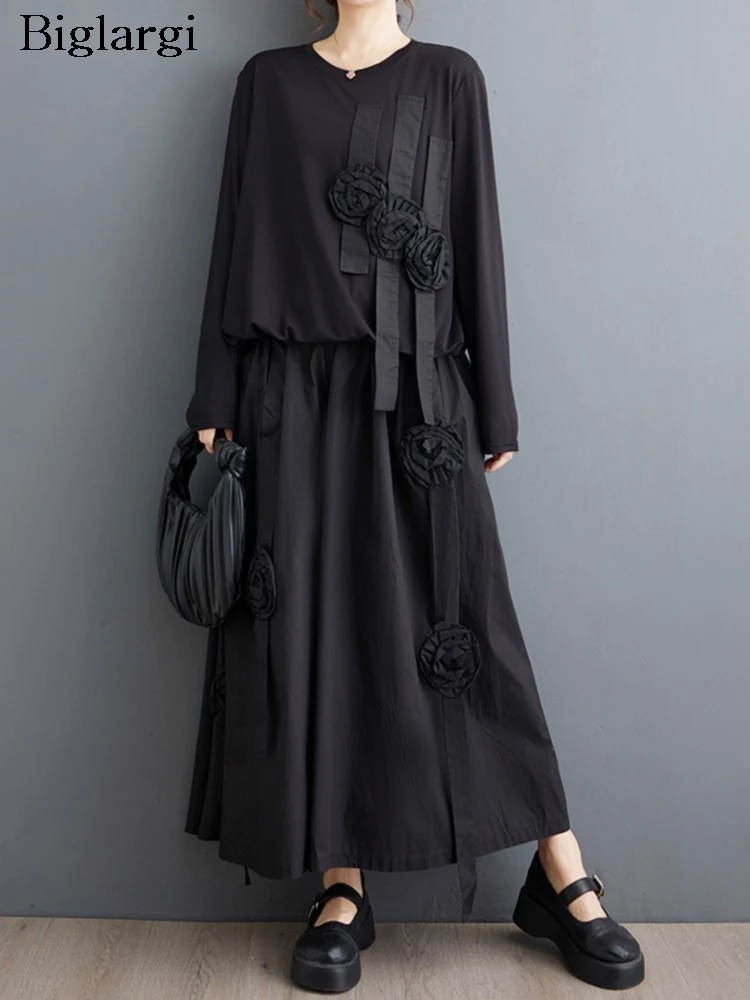 

Oversized Spring Autumn Flower 2 Two Piece Set Women Fashion Casual Ladies Tshirt Loose Woman Elastic High Waist Pants