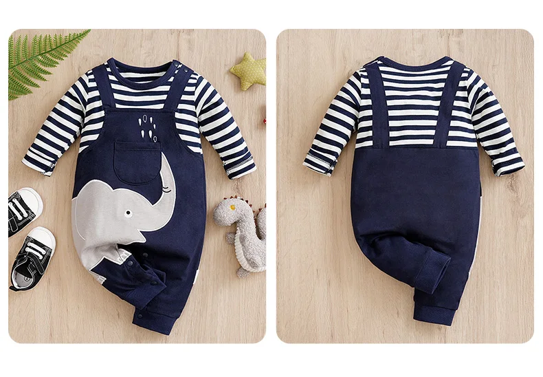Newborn Baby Rompers Elephant & Giraffe Print Striped Long Sleeve Cotton Soft Jumpsuit Fall Winter Outfit for Toddler Boys Girls