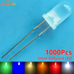 1000Pcs 5mm Round Diffused White Red Green Blue Yellow Warm White Lightemitting Diode 2pin LED 6000~6500K Bulb Light Diodes Lamp
