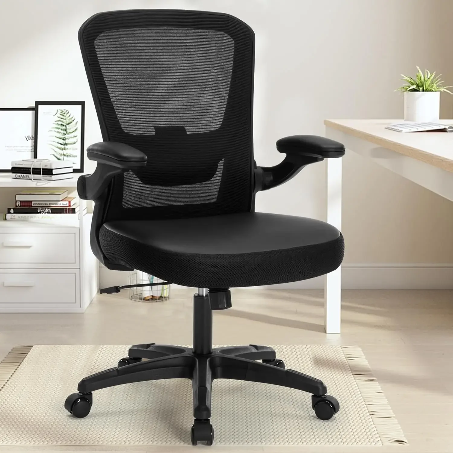 

Office Chair Ergonomic Mesh PU Leather Desk Chair,Executive Computer Chair with Lumbar Support Flip up Arm,