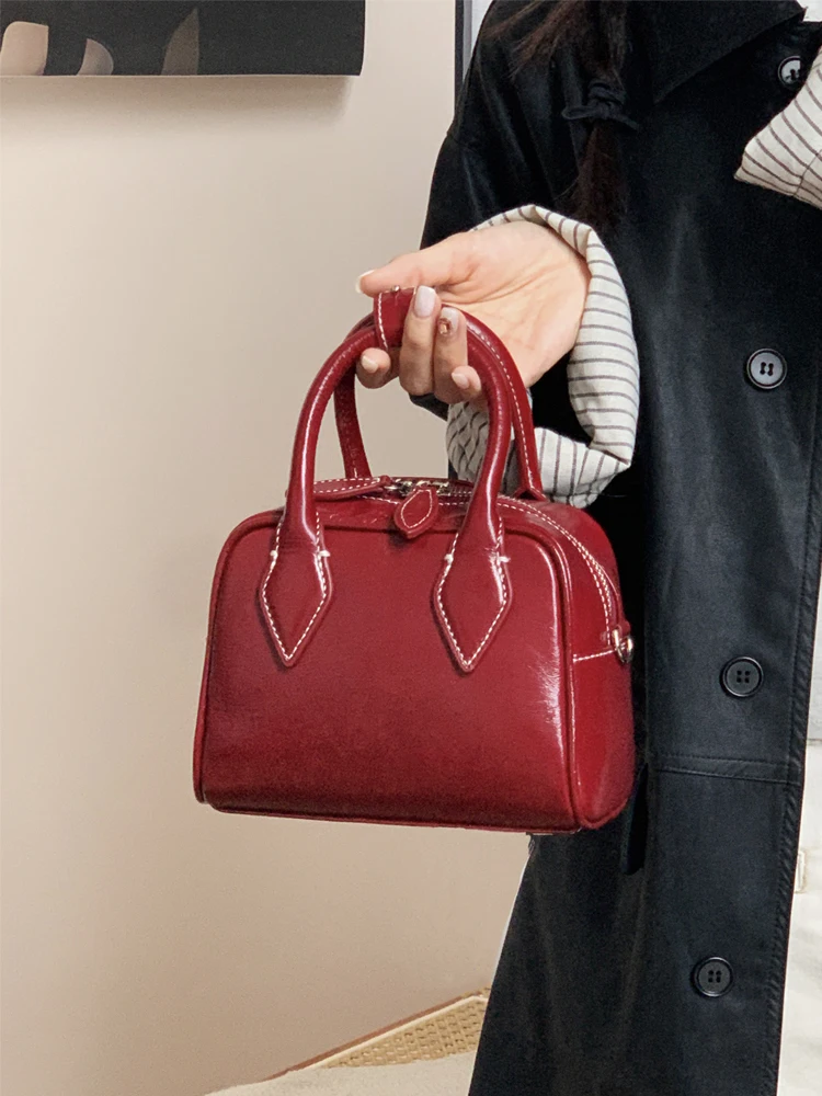 

Red Boston Bowling Bag Women's Handbag Single oulder Crossbody Genuine Leather Bag Yemlin Trend Korean Sle Daily Use