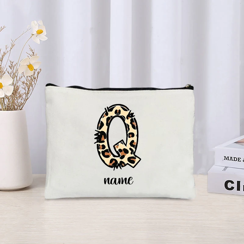 Leopard Letter Custom Name Canvas Cosmetic Bag Organizer Zipper Storage Clutch Bags Pencil Case Personalized Party Wedding Gift