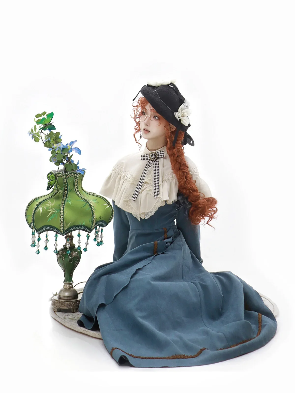 Gentle Temperament Bow Lace Cloak Splicing Fold Mid-length Dress for Women Lolita Mori Retro Elegant Cla Long-sleeved OP Dress