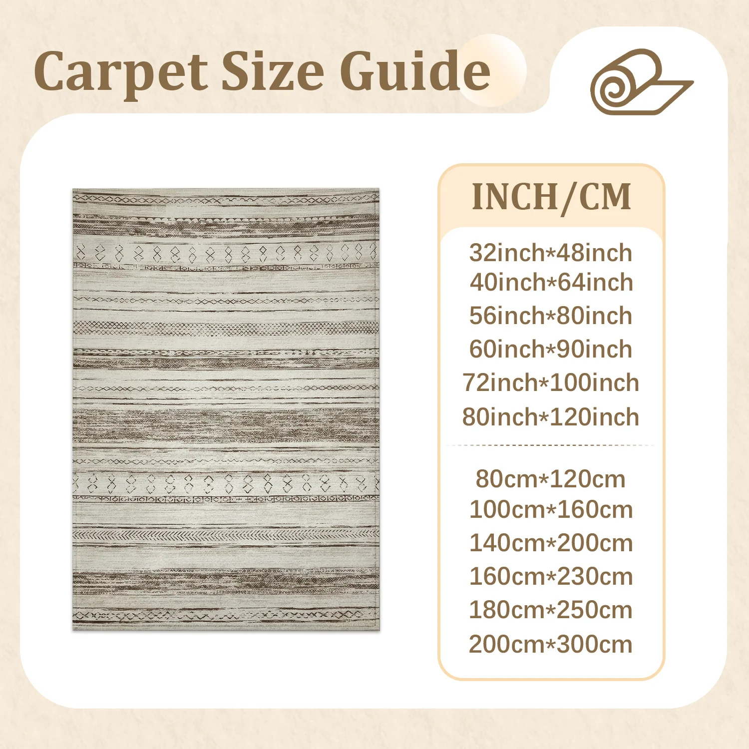 Large Indoor Area Rug, Soft Velvet Low Pile Non-slip Dotted Backing, Machine Washable Neutral Tribal Striped Floor Rug for Living Room, Bedroom, Entryway
