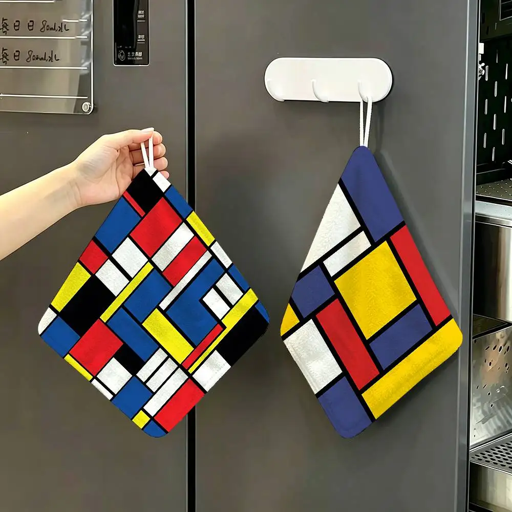Mondrian Style Geometric Pattern Polyester Cotton Hanging Kitchen Towel, Soft Hand Wiping Towel, Reusable Kitchen Bathroom Home