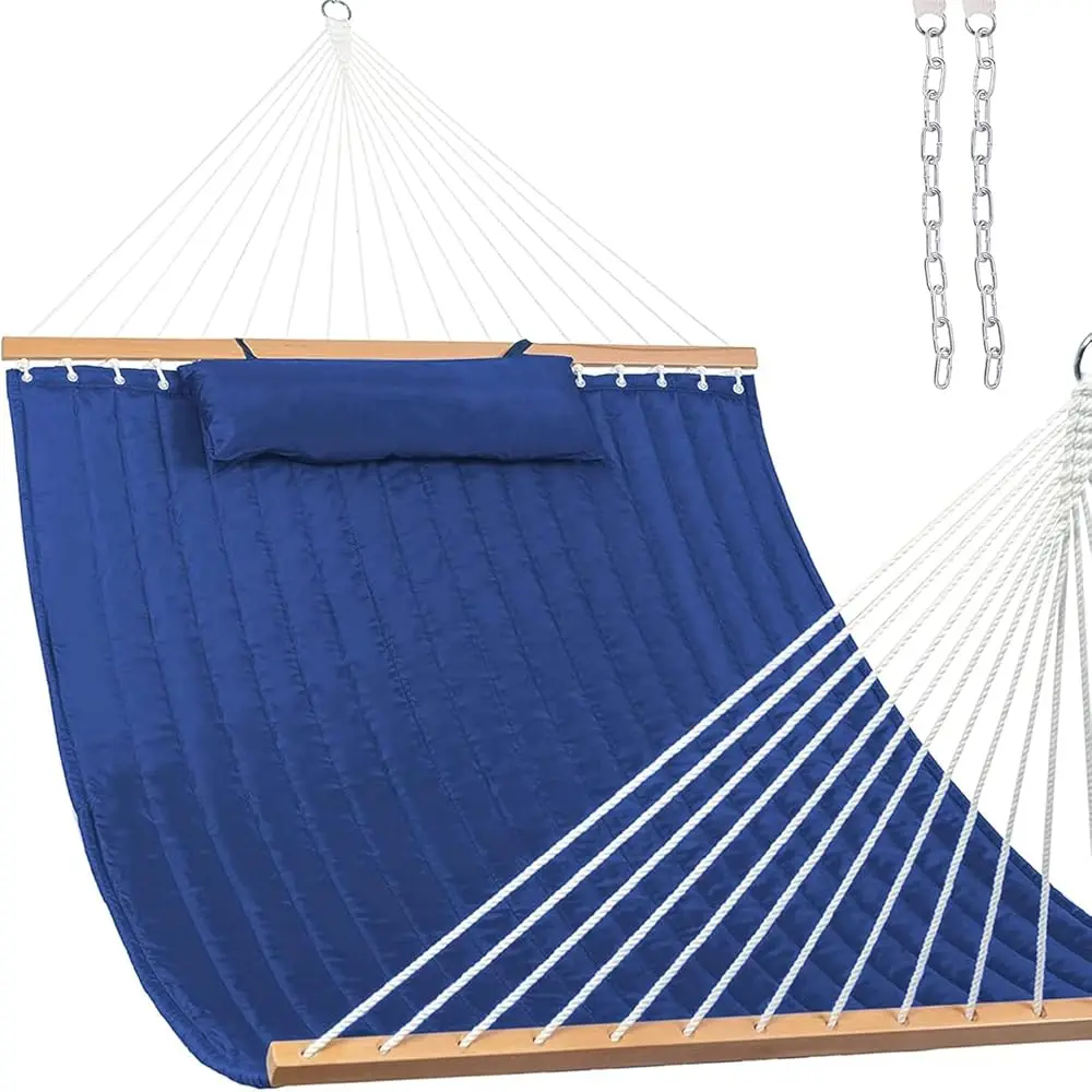 

12 Ft Double Quilted Fabric Hammo With Spreader Bars And Detachable Pillow, 450 Lbs Weight Acity, Navy Blue