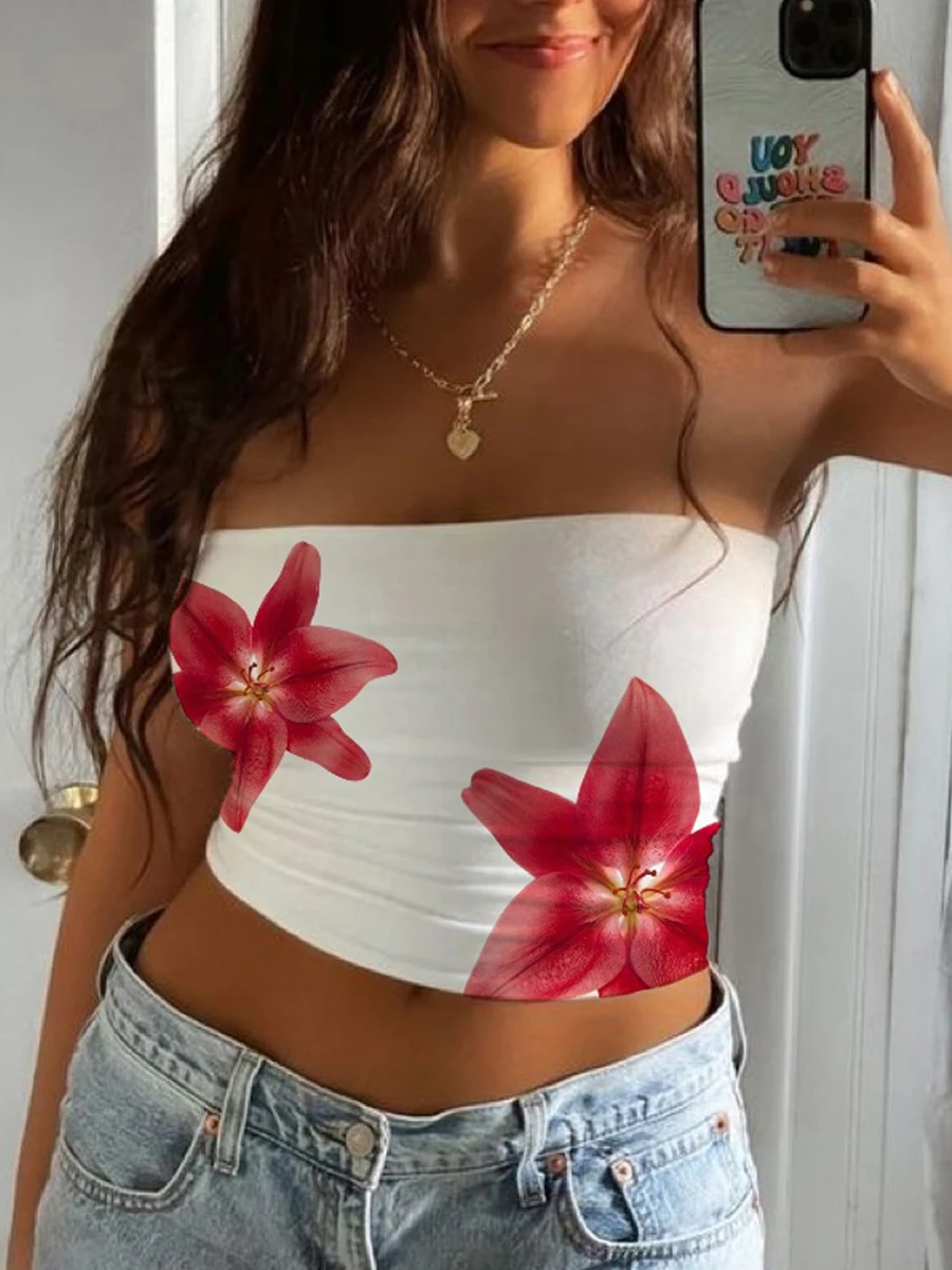 Women Y2k Shorts Lounge Outfits 2 Piece Lily Floral Tube Top Bandeau Bodycon Shorts Cute Going Out Matching Set