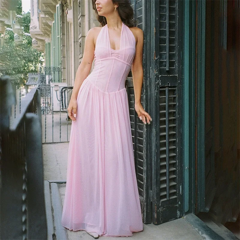 

Halter Pleated Women's Evening Dress Sleeveless Big Skirt Hem Bandage Gown Pink White Slim Party Skirt Newest Hot Girl In Stock