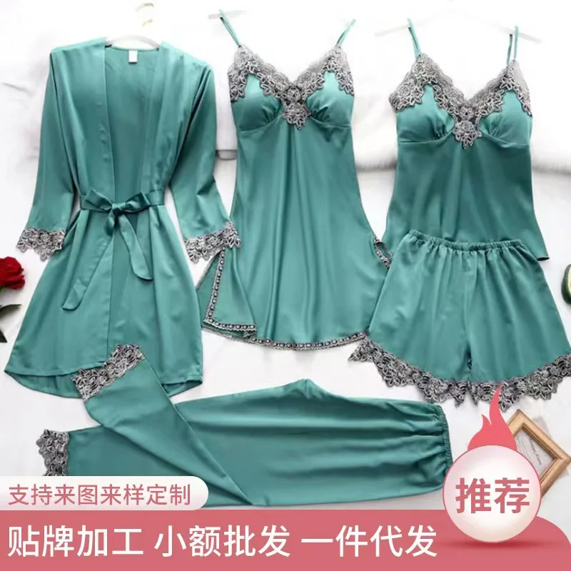 2025 Spring and Summer New Halter Pajamas Five-piece Set Sexy Women's Nightdress Matte Silky Soft Ladies' Home Wear