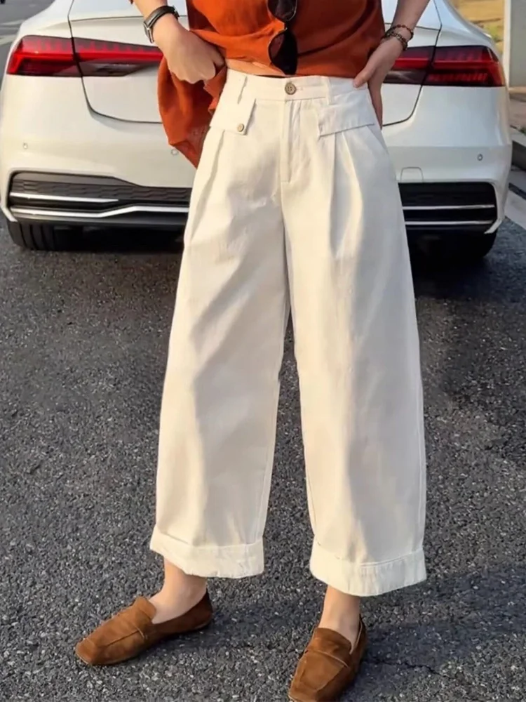 High Waist Wide Leg Knife Pants Women's White Cuffed Nine-Tenths Casual Straight Harem Pants Spring Summer 2026 New Style