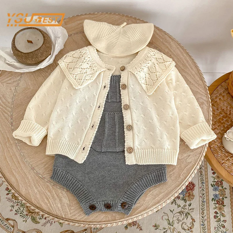 

Infant Baby Girls Long Sleeves Solid Color Hollow Out Knit Clothing Set + Rompers 0-3Yrs Autumn Kids Baby Girls Children's Suit