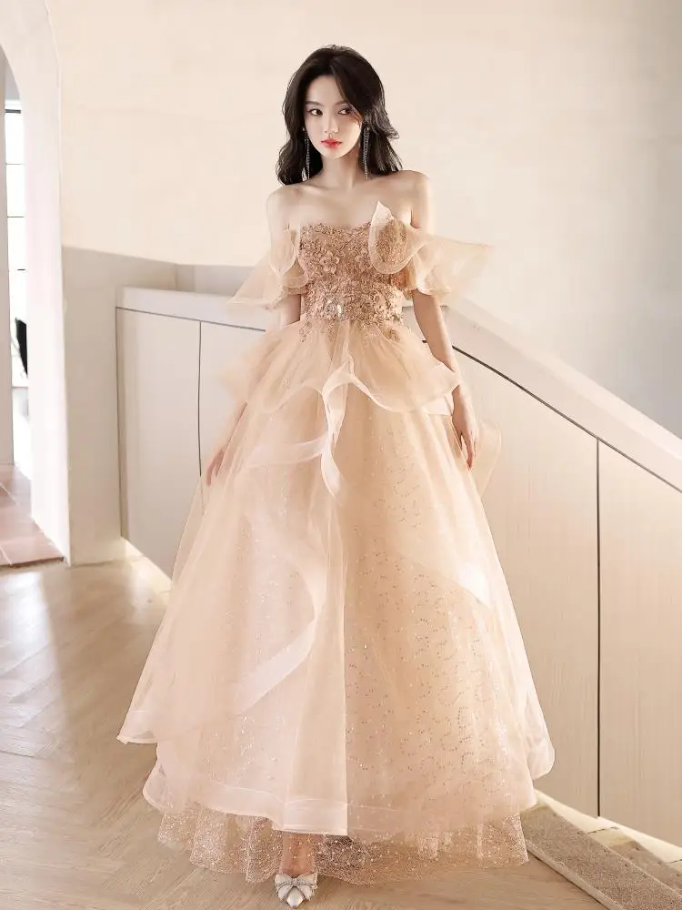 

Champagne Off Shoulder Evening Dress Women's Elegant Luxury A-line Tulle Quinceanera Gown Exquisite Applique Sequins Prom Dress