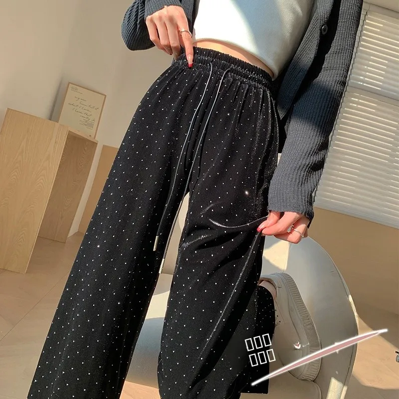 

Женские бархатные брюки с высокой талией, новинка весны, свободные, в пол, прямые, с драпировкой, широкие штанины, из трикотажного полиэстера