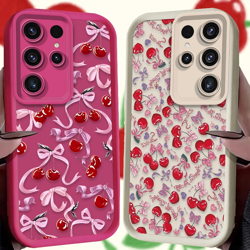 Full Screen Cherry Bow Silicone Case for Samsung Galaxy S23 S24 S25 Ultra S22 S21 Plus FE 5G A54 A34 A14 A73 A53 A33 5G Cover