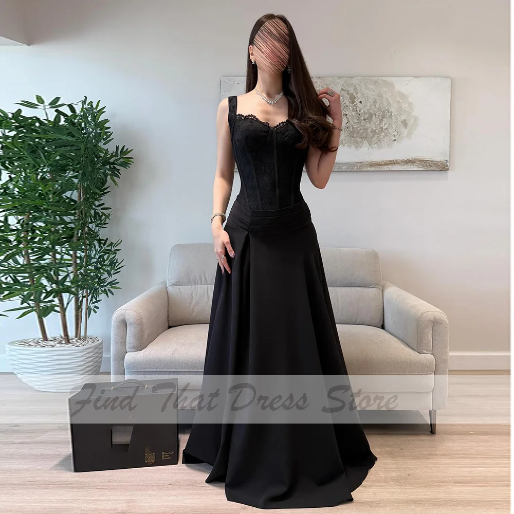 

Custom Made Elegant Black Sweetheart Collar Lace A-line Evening Dress Pleated Lace up Back A-line Bridal Prom Dress with Train
