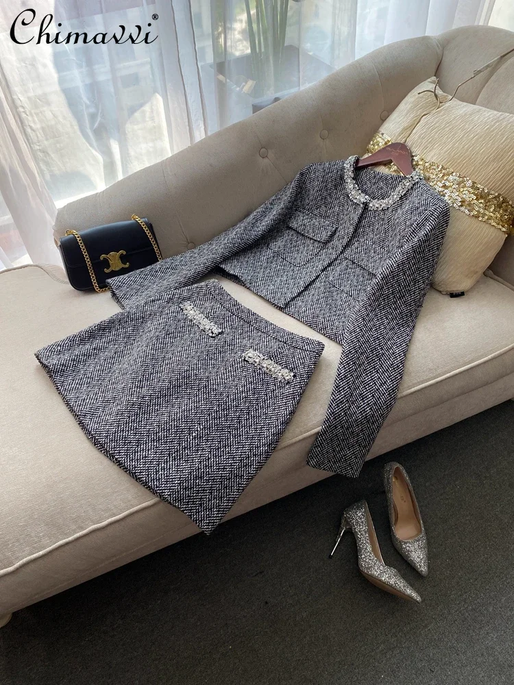 High-end Fashion Gray Long-sleeved Top Jacket High Waist Short Skirt 2-piece Sets New 2024 Autumn Women's Skirt Sets Outfits