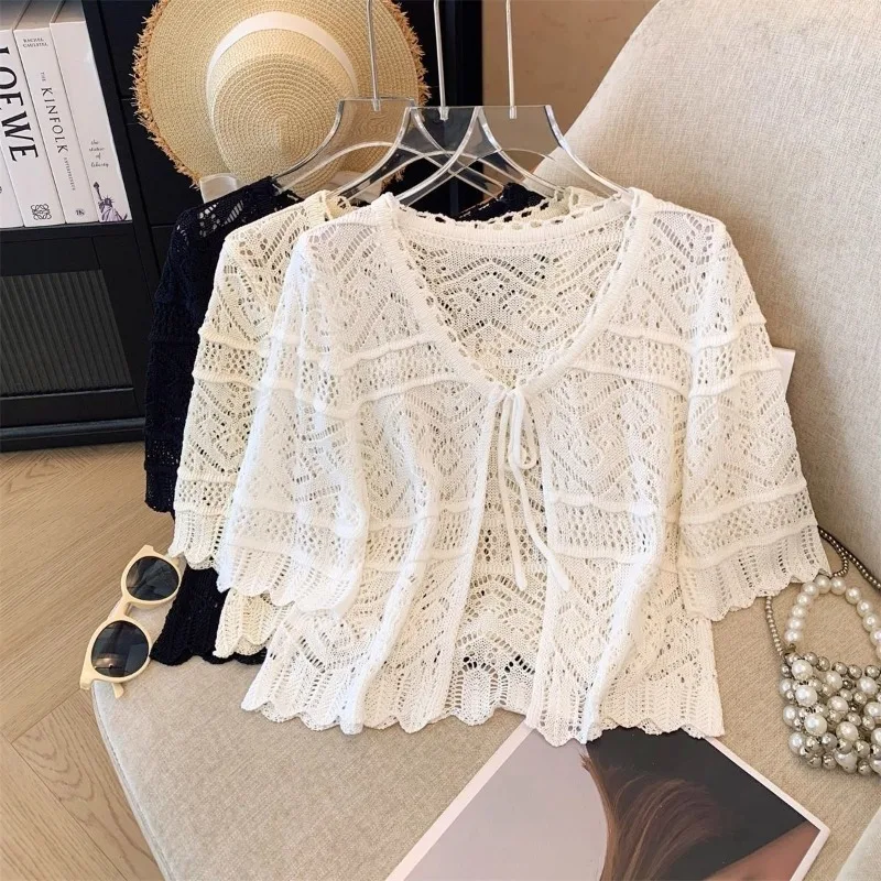 Summer Women Knitted Lace-up Cardigan Crochet Lightweight Hollow Perspective Solid Blouse Beach Short Shawl Casual Outerwear