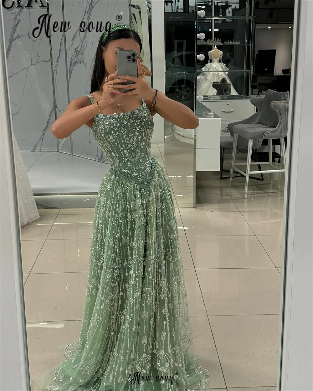 Vestido de fiesta bordado verde, vestido de dama de honor con tirantes finos, vestidos de compromiso modernos, vestido de invitados de boda personalizado