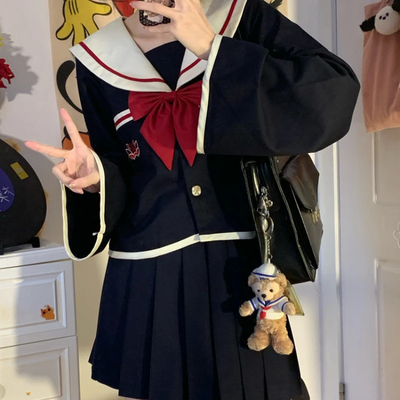 Jk เครื่องแบบชุดกะลาสีสีน้ําเงินเข้มชุดญี่ปุ่นกลางโรงเรียนสไตล์ชุดนักเรียน COS เครื่องแต่งกายสําหรับผู้หญิงแขนยาวอะนิเมะ