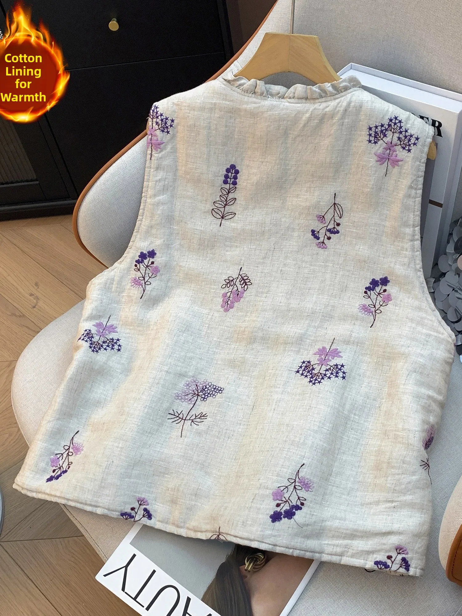 Elegant Vintage Purple Flower Linen Cotton Women's Vest Winter Warm Stylish Collar Shirt Casual Loose Fit Home Wear