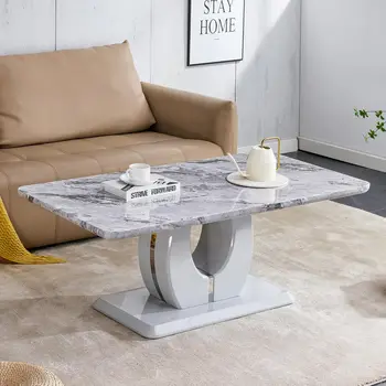 Image Modern Coffee Table Faux Marble Desktop Rectangular Center Table Tea Table Accent Furniture for Living Room Simple Assembly