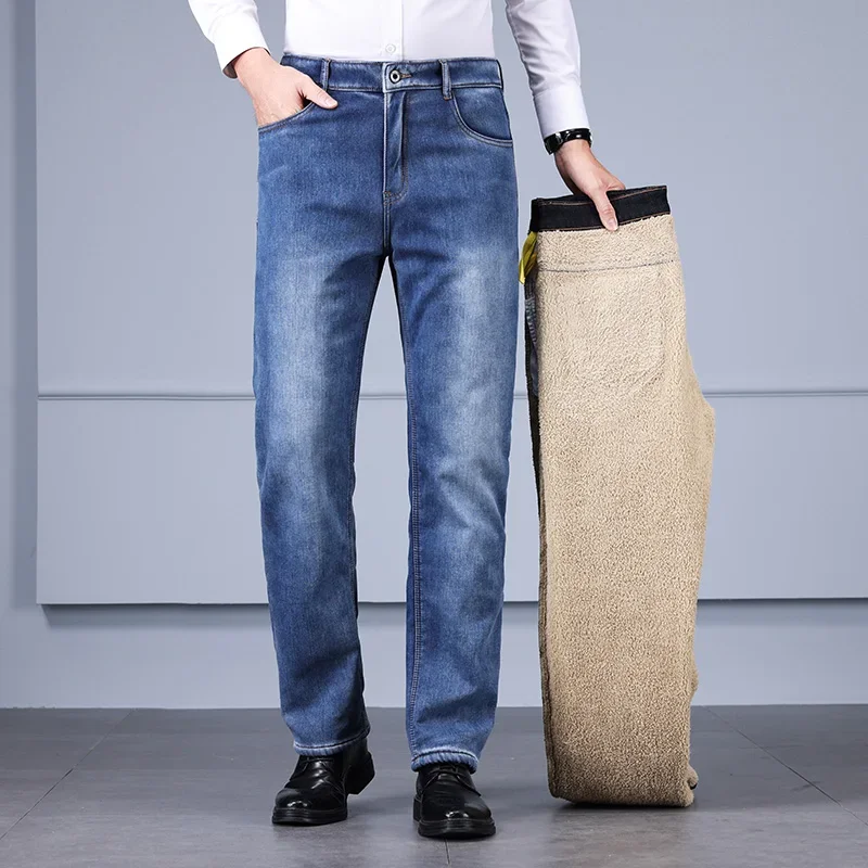 New Winter Men Sherpa Jeans Warm Fleece Soft Velvet Thickened Denim Pants Business Stretch Straight Plush Trousers Male