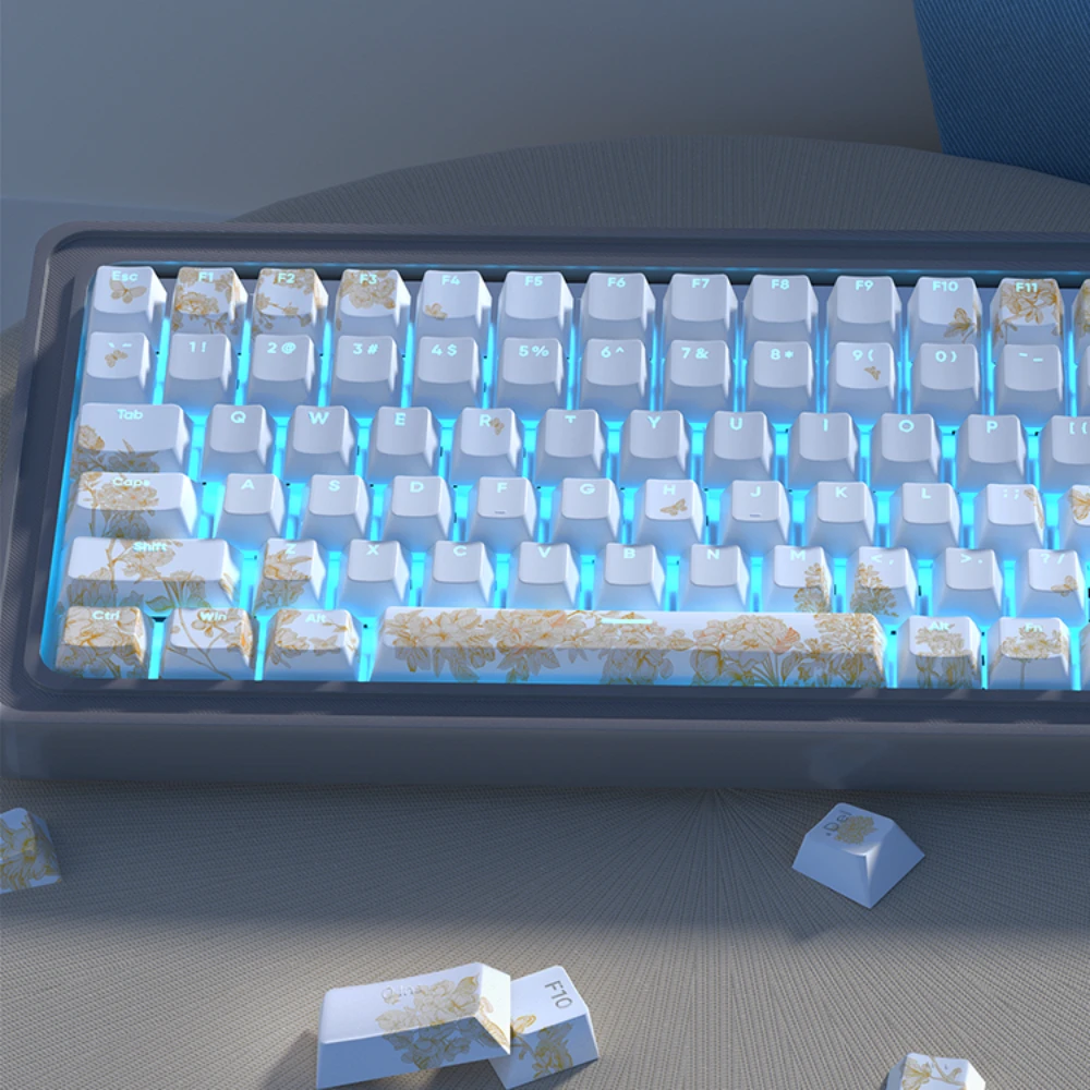 

White Keycaps With Flower Embroidery Translucent Keycaps Front Side Engraved Cherry PBT 135 Keys For Alice/65/75 Keycaps Set