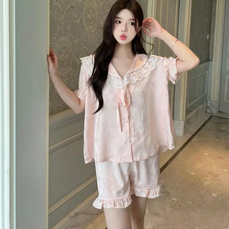 

French Style Sleepwear Women's Ice Silk Short Sleeve Shorts Lace Trim Set Home Clothes V-neck Polyester Fiber Summer Casual