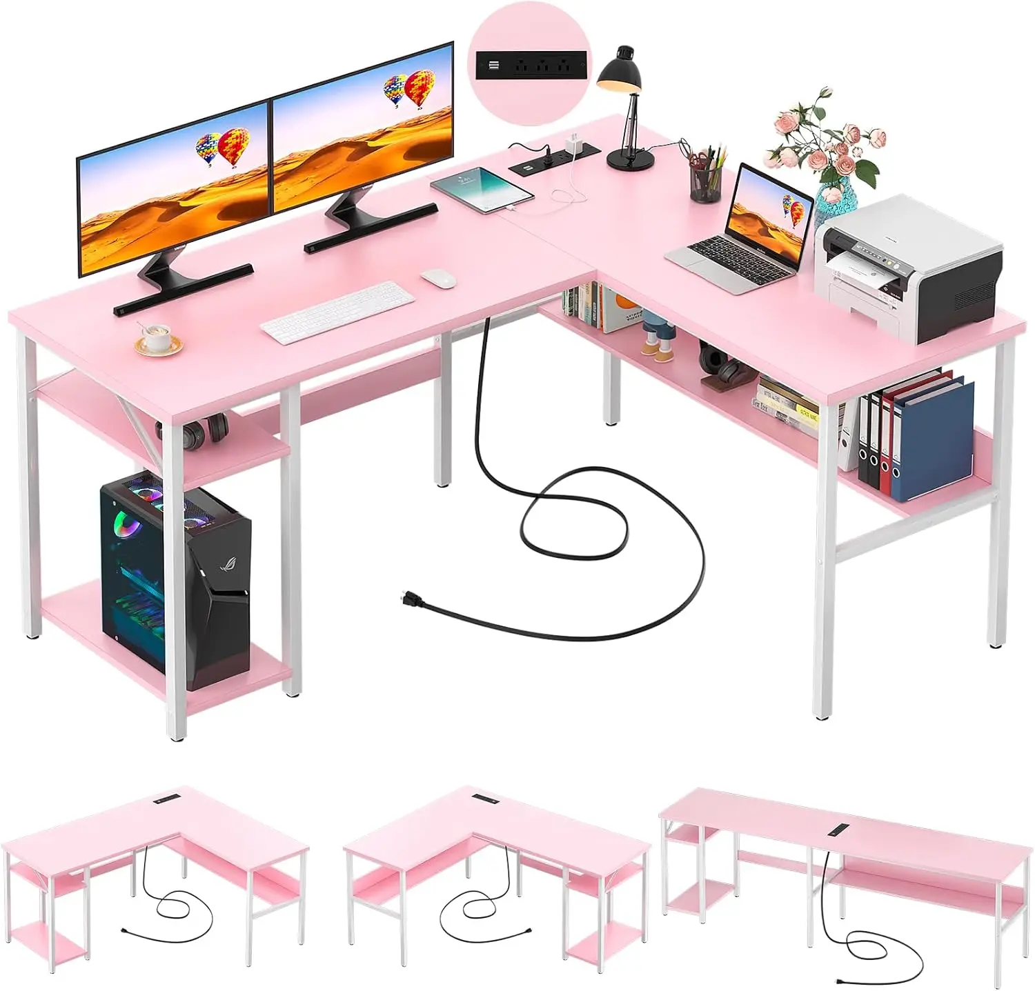 

Reversible L-Shaped Desk with Power Outlets & USB Ports, Sturdy Corner Computer Table with Storage Shelves, Easy Assembly