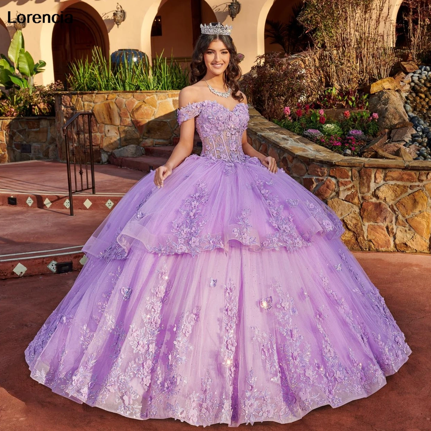 Vestido de baile frisado com aplique de renda Lorencia, vestido Lilás Quinceanera Glitter, Espartilho México, Sweet 16, 15 Years, YQD824