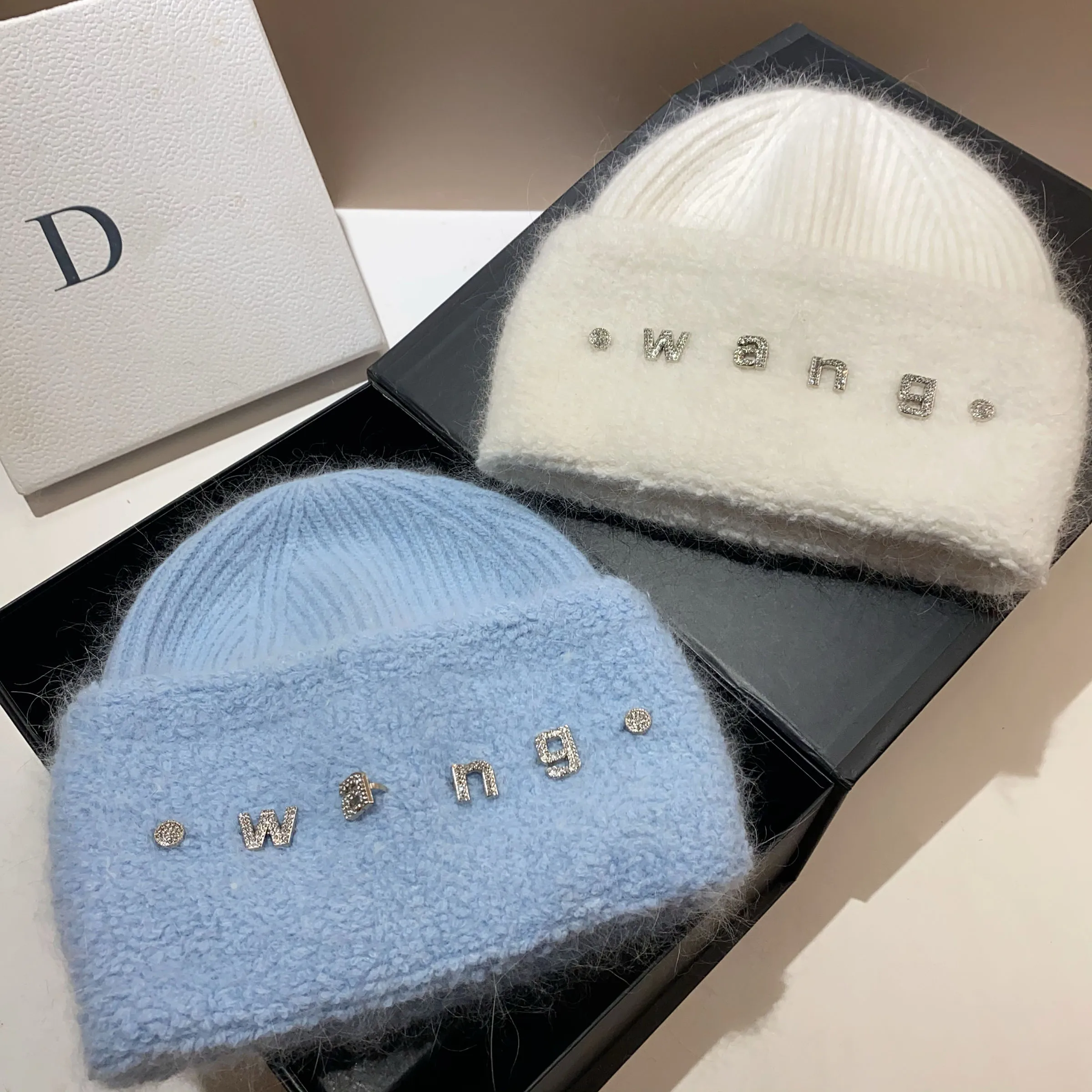 Rhinestone letters new rabbit fur knitted hat winter Nordic cold warmth thickened double fold circle plush ear protection hat