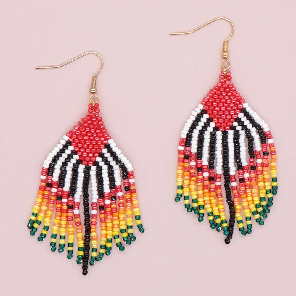 Rice bead earrings Tassel Rainbow Versatile Geometry Design Hand knitting Bohemia Alloy Fashion Female Simple Beaded earrings