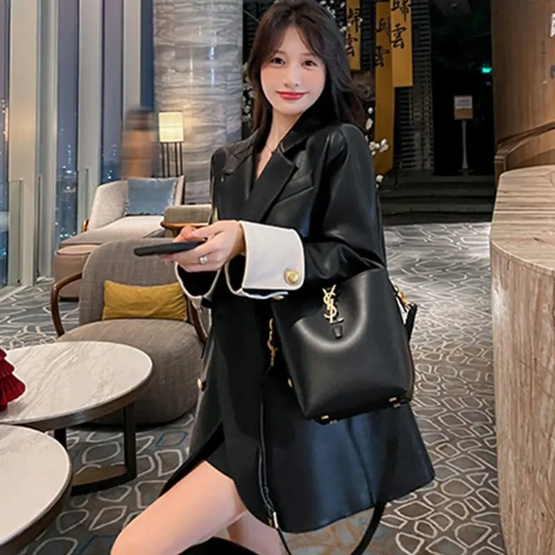 High End Black PU Leather Jacket for Women Korean Version Loose and Casual Design Color Blocked Suit Top