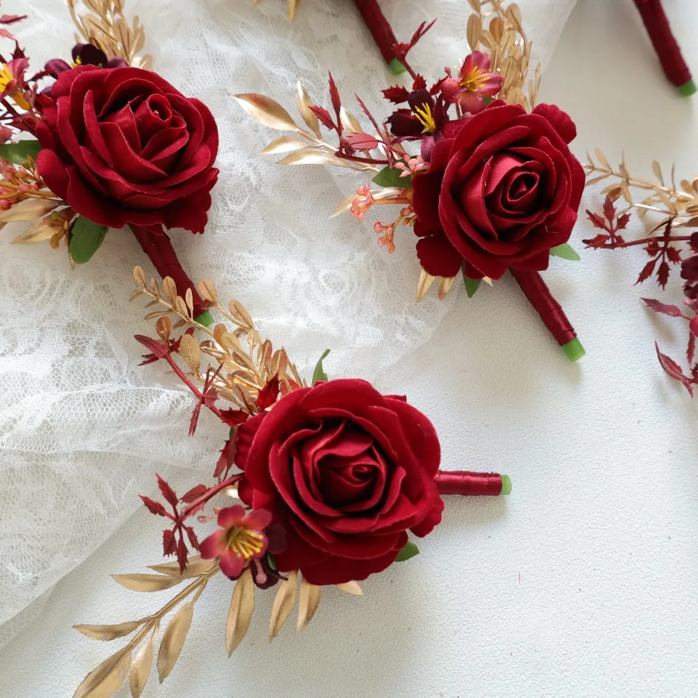 Purpurrote Handgelenk-Corsage und Boutonniere-Blume am Handgelenk für Braut, Brautjungfer, Hochzeit, Boutonniere für Männer, Bräutigam, Trauzeuge, Hochzeit – Detail 3