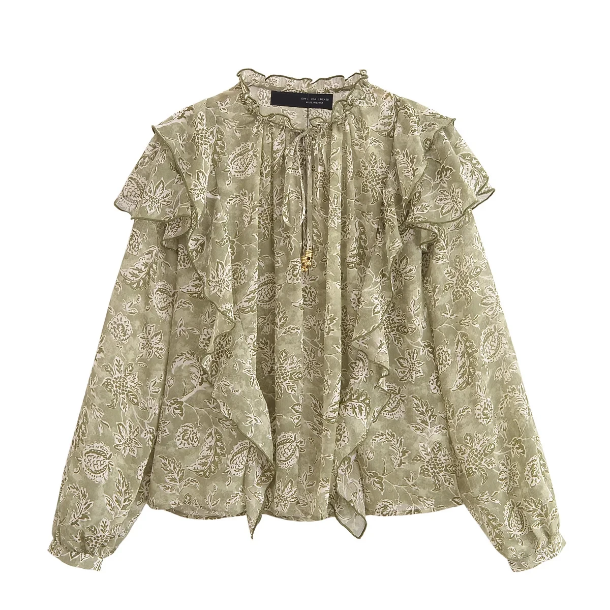 여성을위한 꽃 프린트 셔츠 패션 빈티지 프릴 레이스 업 루즈 블라우스 2025 뉴 여름 세련된 캐주얼 오 넥 긴 소매 셔츠