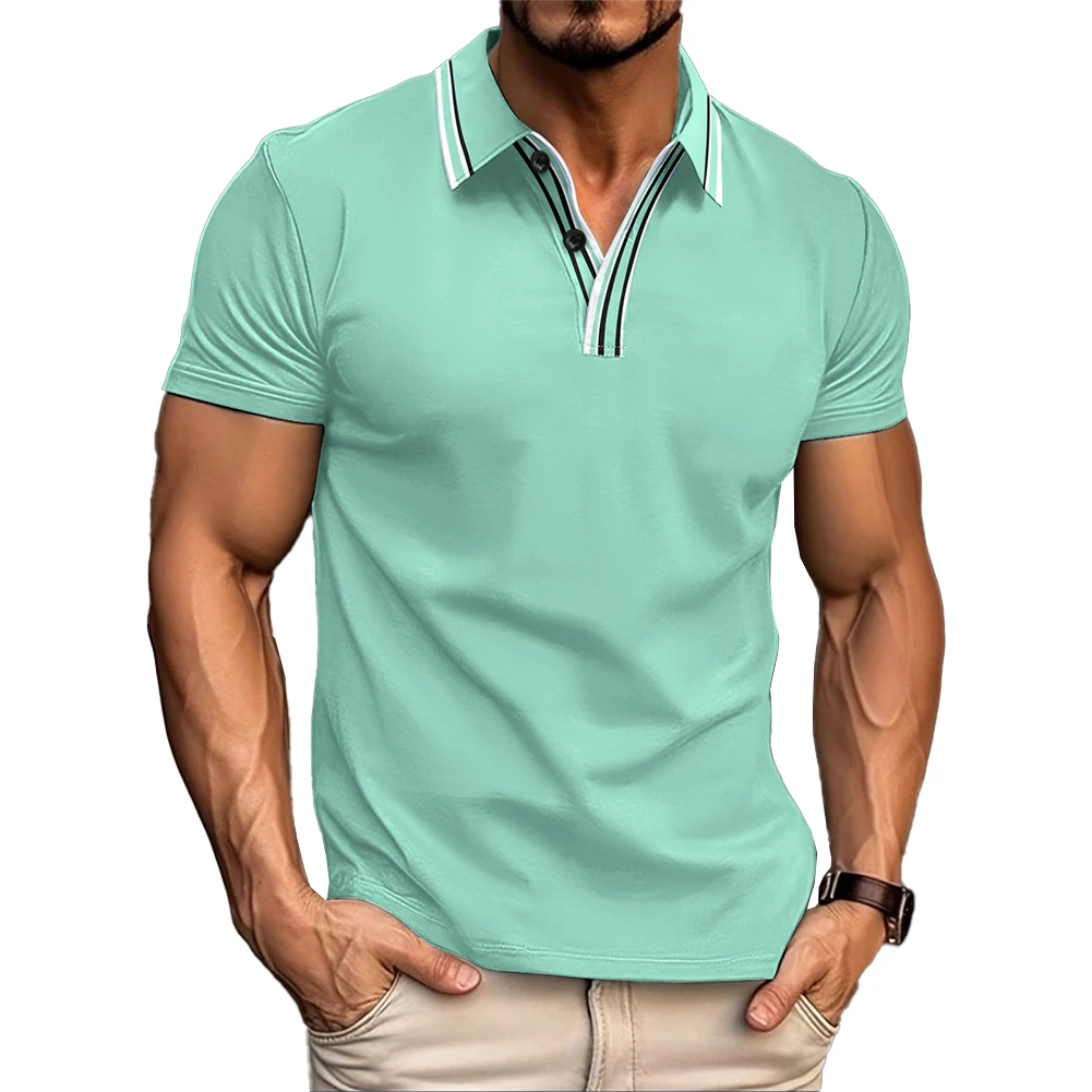 Top T-shirt M-3XL Lapel Neck Men Polyester Short Sleeve Summer T Shirt Turn-Down Collar White Casual Top Green