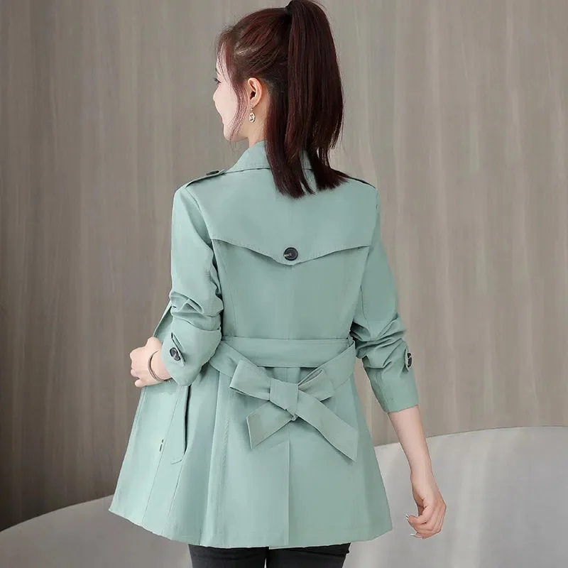 

Women's Jacket 2025 New Spring Long Sleeves Stand Collar Casual Windbreaker Female Double-breasted With Belt Outerwear